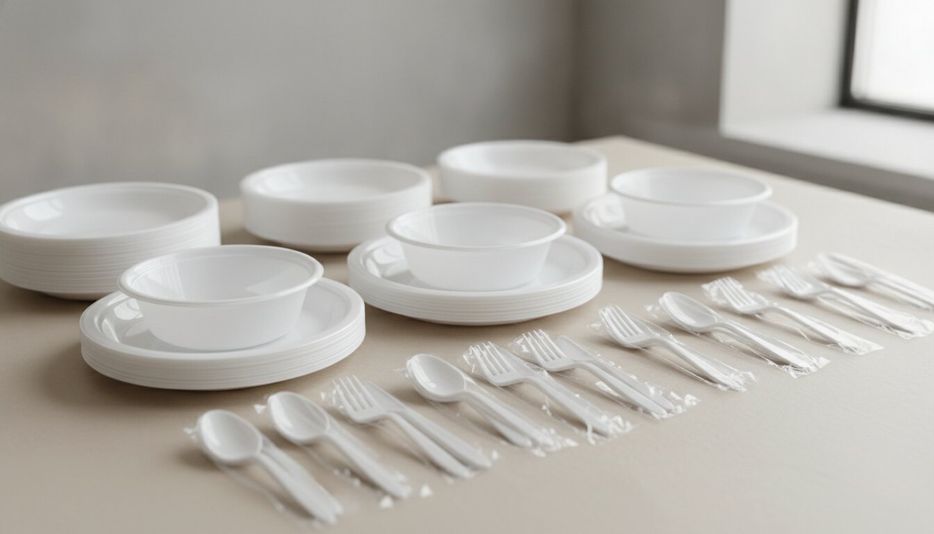Farfurii și tacâmuri de plastic alb ROMKREIS